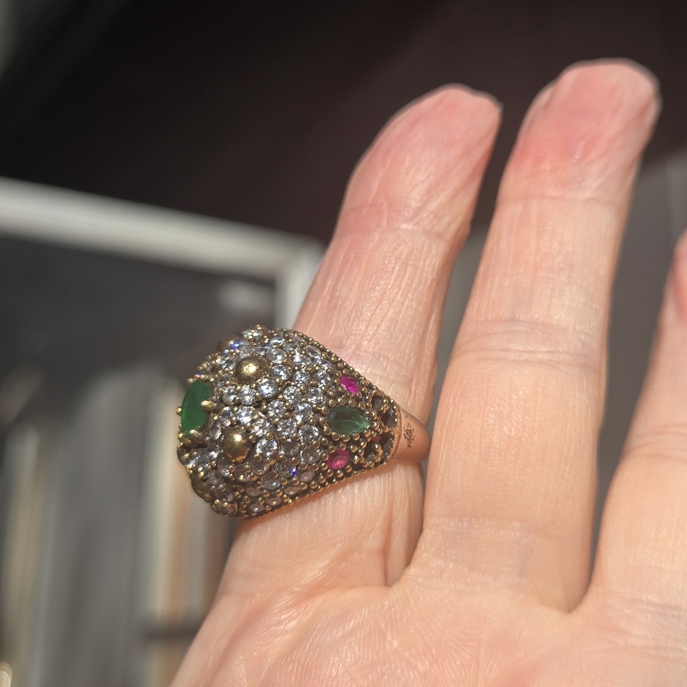 Emerald Topaz & ruby Sterling & Gold Large Ottoman ring Sz7.75 - Picture 7 of 14